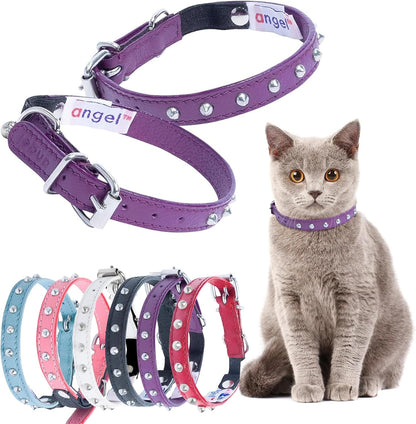 Studded Cat Collar, Genuine Leather Kitten Collar, Sturdy Breakaway Cat Collar with Bell and Elastic Stretch, Cat Accessories, Ivory White, 10 X 1/2 Inches -