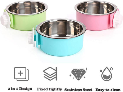 Crate Dog Cat Bowls, Removable Stainless Steel Hanging Pet Cage Bowls for Kennel, Water Food Feeder Cage Coop Cup for Cats, Dogs, Rabbits and Small Animals (Small, Blue)