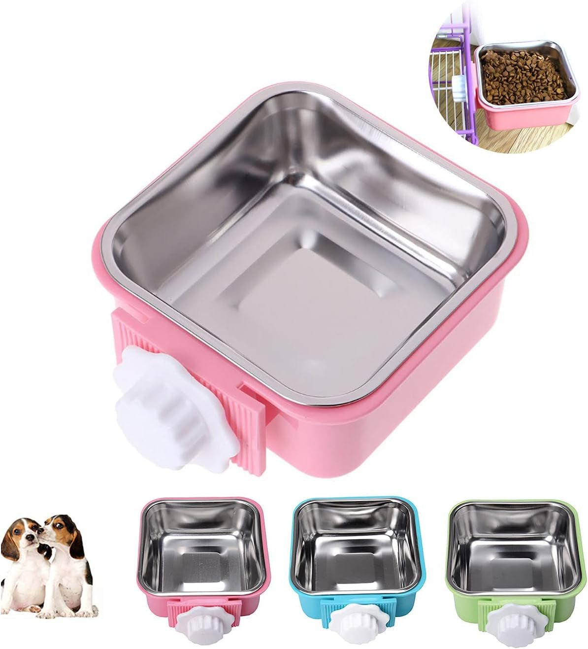 Crate Dog Cat Bowls, Removable Stainless Steel Hanging Pet Cage Bowls for Kennel, Water Food Feeder Cage Coop Cup for Cats, Dogs, Rabbits and Small Animals (Small, Blue)