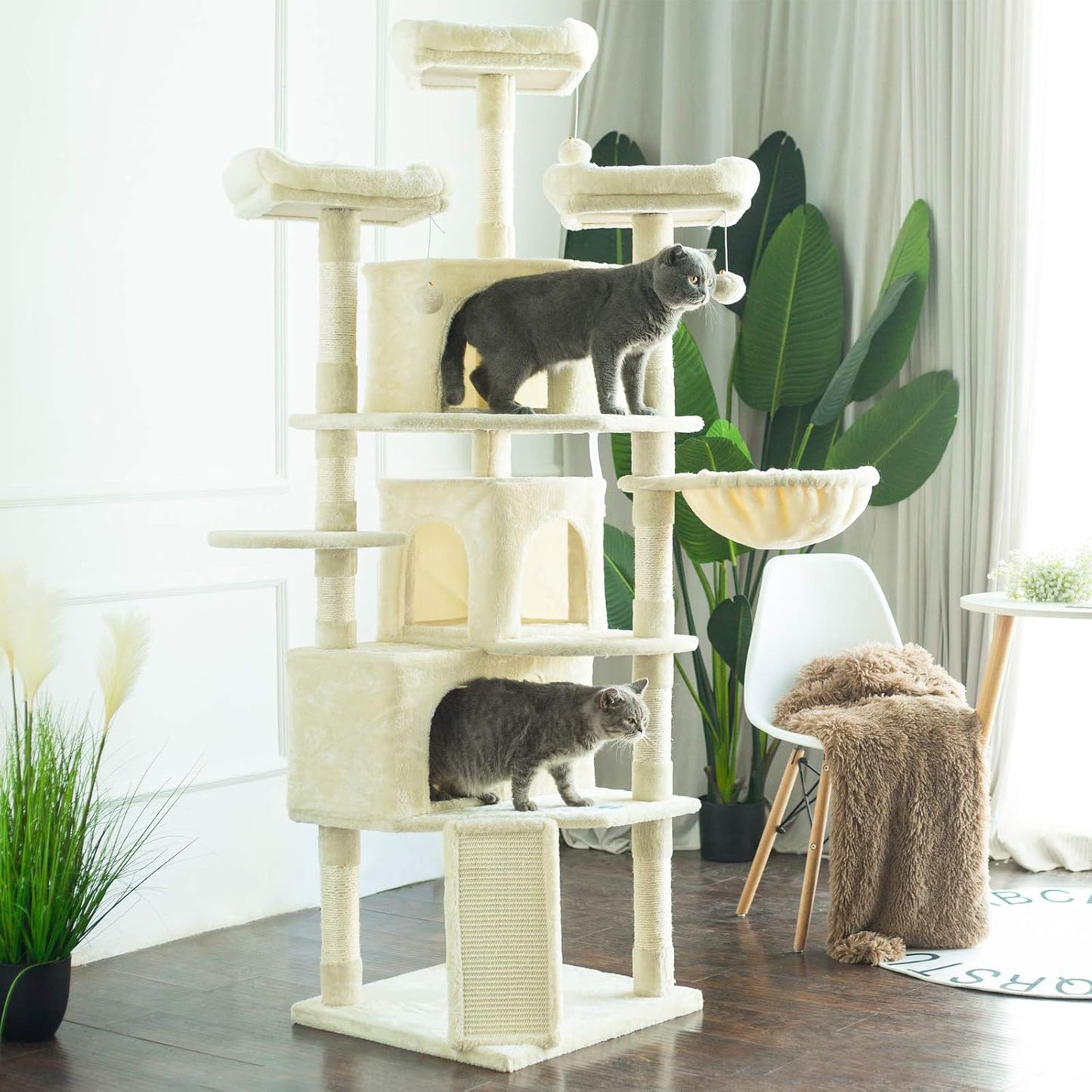 XL Cat Tree, 73.4 Inch Cat Tower with 3 Caves, 3 Cozy Perches, Scratching Posts, Board, Activity Center Stable for Kitten/Big Cat, Beige MPJ032M
