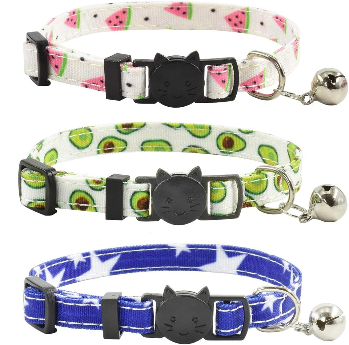 Breakaway Cat Collars with Bell, Set of 3, Durable & Safe Cute Kitten Collars Safety Adjustable Kitty Collar for Cat Puppy 7.5-11In (Green,Cyan,Black)