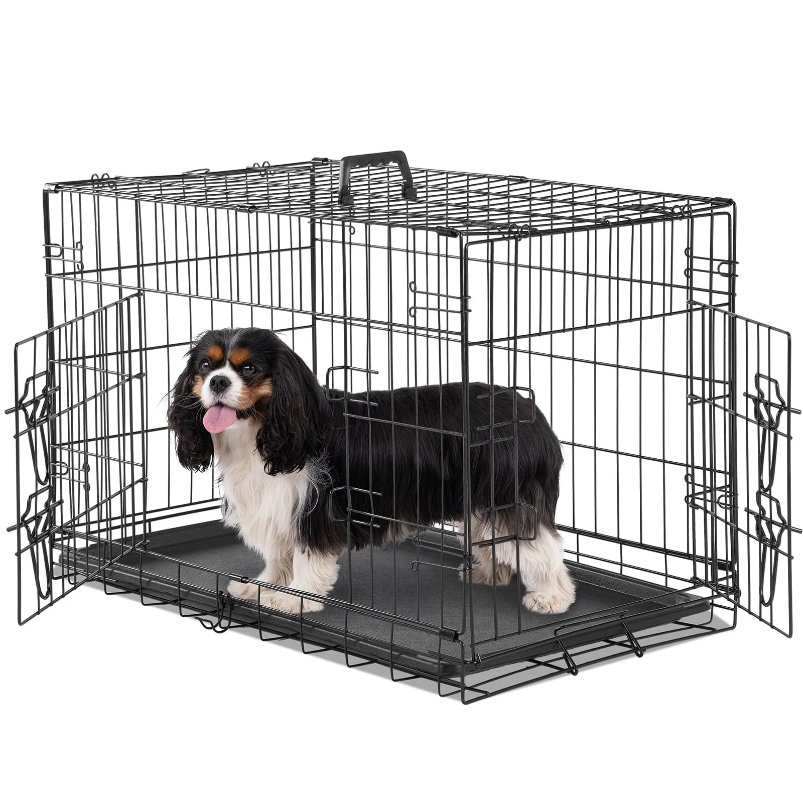 Small Dog Crate with Divider Panel, 24" Double Door Folding Metal Wire Dog Cage with Plastic Leak-Proof Pan Tray