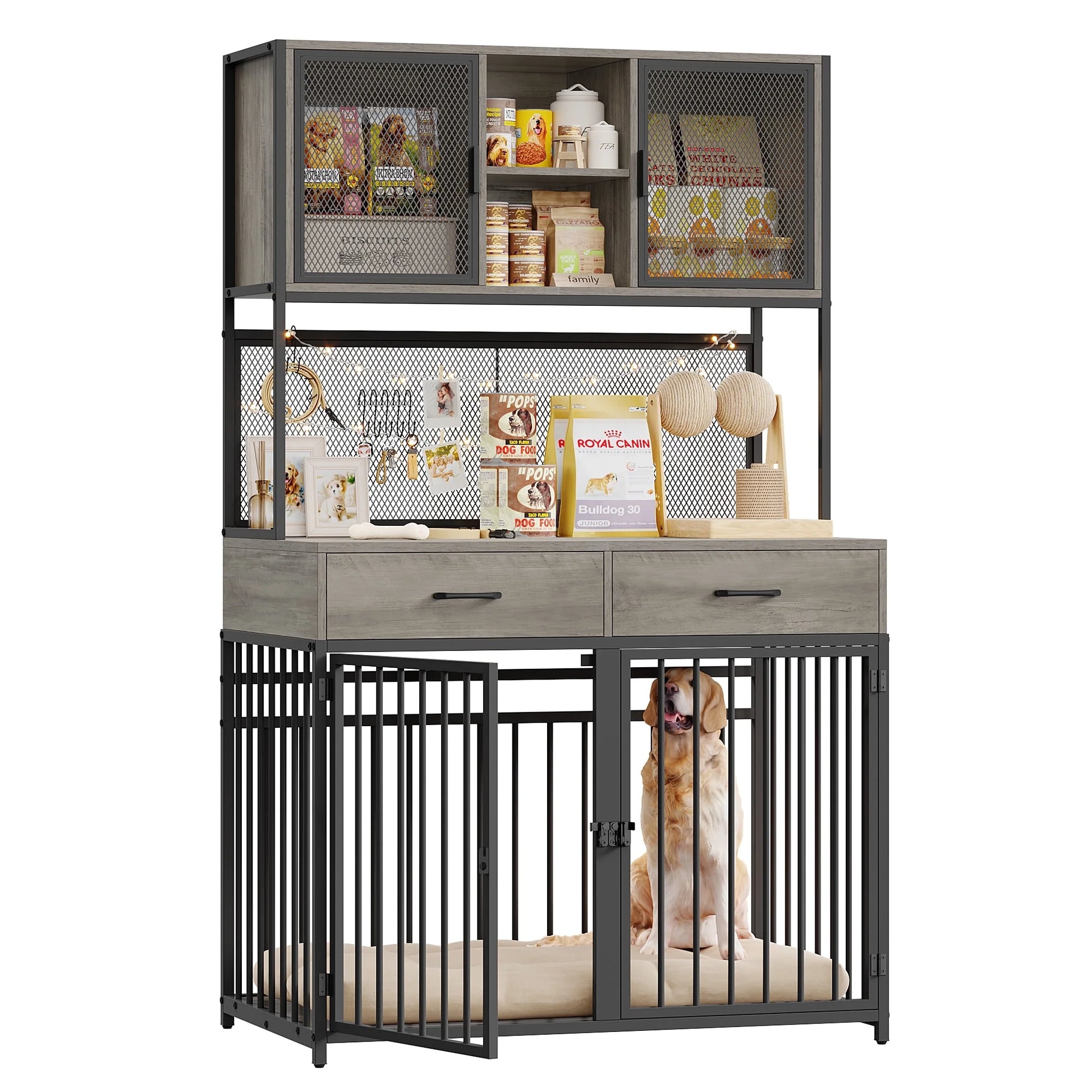 71" Tall Dog Crates Furniture, Indoor Dogs Kennel with Hutch, 42"W Dog Cage Furniture for Large/Medium Dogs, Decorative Sturdy Pet House, Rustic Brown