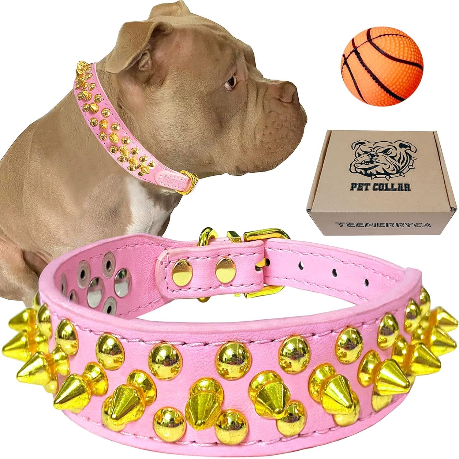 Adjustable Leather Spiked Studded Dog Collars with a Squeak Ball Gift for Small Medium Large Pets like Cats/Pit Bull/Bulldog/Pugs/Husky, Pink, L(15"-18.5")