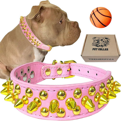Adjustable Leather Spiked Studded Dog Collars with a Squeak Ball Gift for Small Medium Large Pets like Cats/Pit Bull/Bulldog/Pugs/Husky, Pink, L(15"-18.5")
