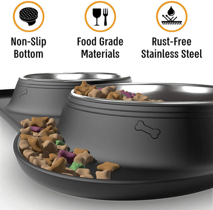 Dog Bowl Set, Stainless Steel No Spill Mess-Proof Food & Water Food Bowls with Skid Resistant Silicone Mat, Dog Bowls Small Size Dog, Medium, & Large, Pet Puppy Bowls & Dishes