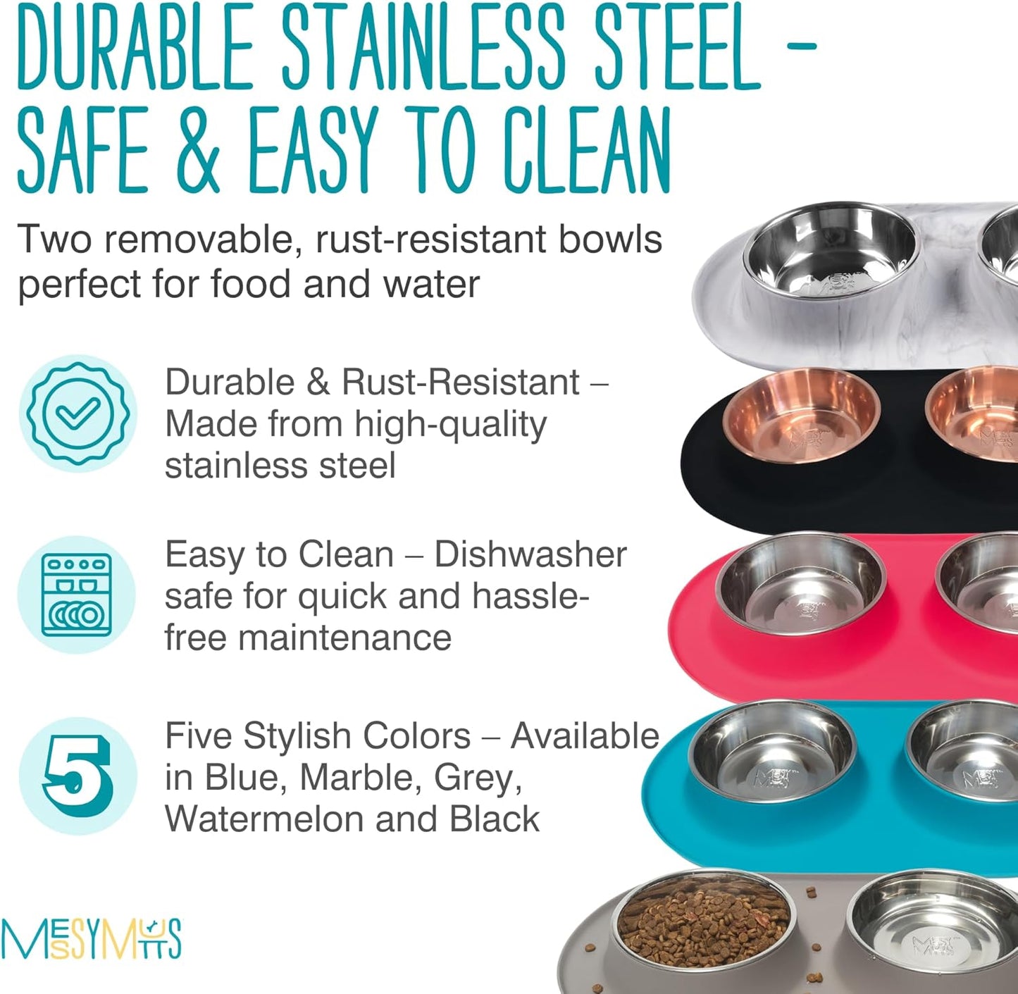 Double Silicone Feeder with Stainless Bowls | Non-Skid Food Dishes for Dogs for All Pets | Dog Food Bowls | Large, 3 Cups per Bowl | Blue