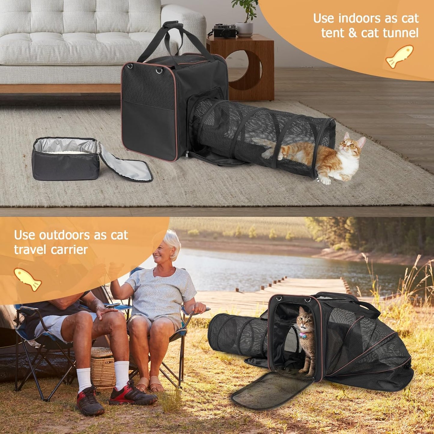 Cat Travel Carrier with Litter Box for Car, Expandable Cat Carrier with Pop Out Tunnel, Cat Carrier for Car Travel Long Distance, up to 20 Lb to Road Trip, Camping, Black