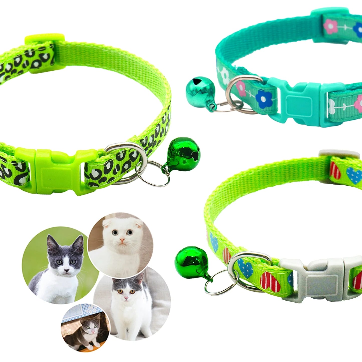 3 Pcs Nylon Cat Collar with Bell Adjustable Kitten Puppy Collars for Newborn Pet,Green