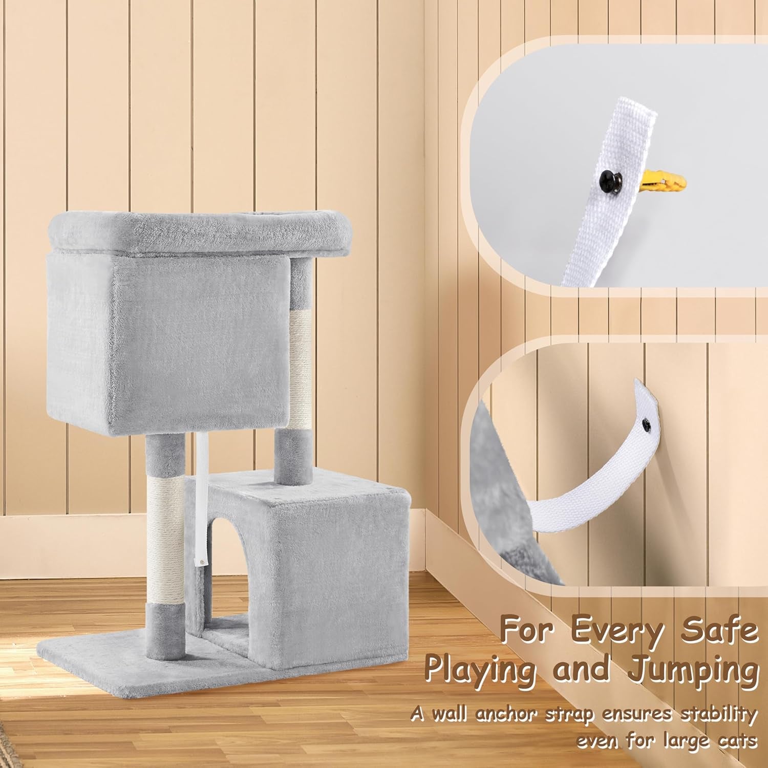 33.5In Cat Tree Tower for Indoor Cats W/2 Cozy Plush Condos, Oversized Perch & Sisal Scratching Posts, Stable Cat Stand House for Large Cats & Pets, Light Gray