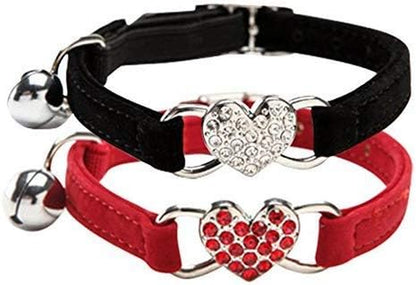 Pink Soft Velvet Safe Cat Adjustable Collar with Crystal Heart Charm and Bells 8-11 Inches(Black+Red+Pink+Blue)