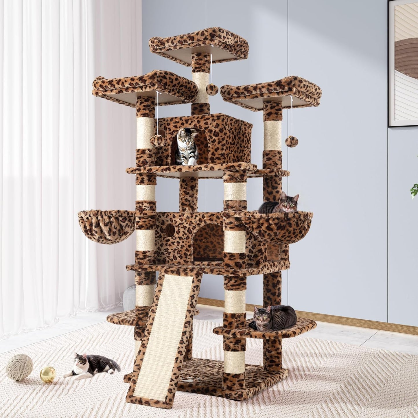 68 Inches Cat Tree/House and Towers for Big Feline/Scratching Post/Multi-Level Large Kitty Climbing Tree with Condo/Smokey Grey