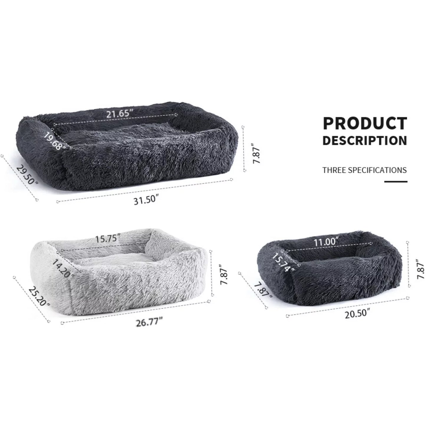 Rectangle Plush Dog Bed Cat Beds for Small Dogs,Washable Medium Pet Beds Medium（26X22X7In,Under 25 Lbs）, Lightgrey