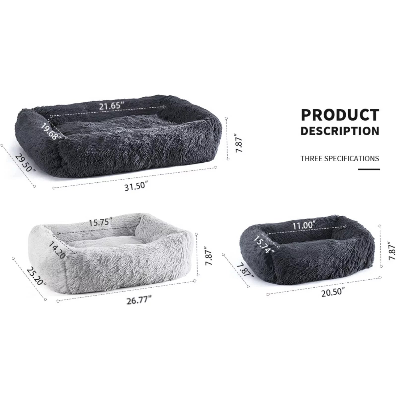 Rectangle Plush Dog Bed Cat Beds for Small Dogs,Washable Medium Pet Beds Medium（26X22X7In,Under 25 Lbs）, Lightgrey