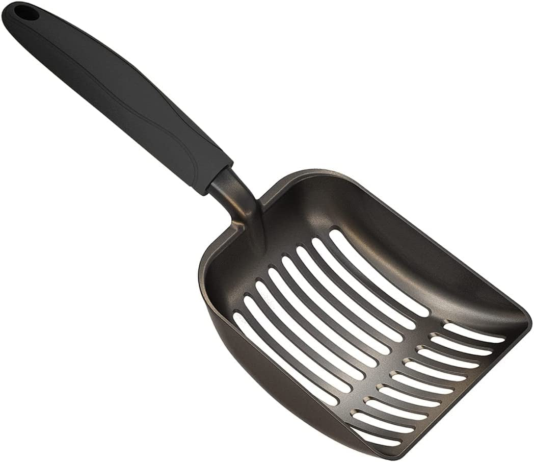 Cat Litter Scoop, Non-Stick Plated Aluminum Alloy Sifter, Kitty Durable Metal Scooper, Deep Shovel, Long Handle, Kitten Pooper Lifter, Size Large, Coated Black Body with Black Handle