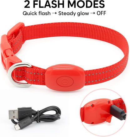 Light up Dog Collar - Reflective LED Puppy Collar Rechargeable Glow in the Dark Cat Collar High Visibility Safety Dog Lights for Night Walking (XS, Red)