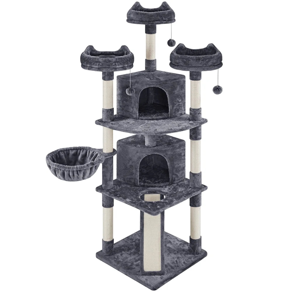 76"H Large Multilevel Cat Tree Tower with Condos and Perches, Light Gray