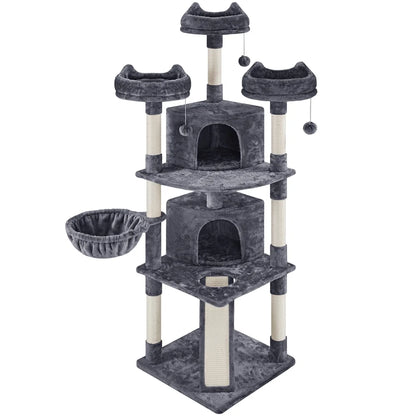 76"H Large Multilevel Cat Tree Tower with Condos and Perches, Light Gray
