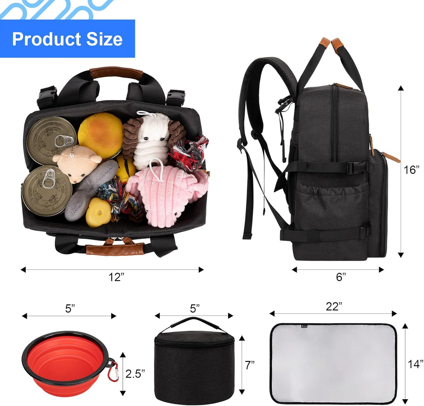 Dog Travel Bag - Airline Approved Backpack for Pet Accessories Organizer, Tote Weekend Bag with 2 Dog Food Containers, 2 Collapsible Bowls, 1 Pet Mat, Black