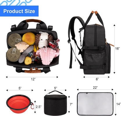 Dog Travel Bag - Airline Approved Backpack for Pet Accessories Organizer, Tote Weekend Bag with 2 Dog Food Containers, 2 Collapsible Bowls, 1 Pet Mat, Black