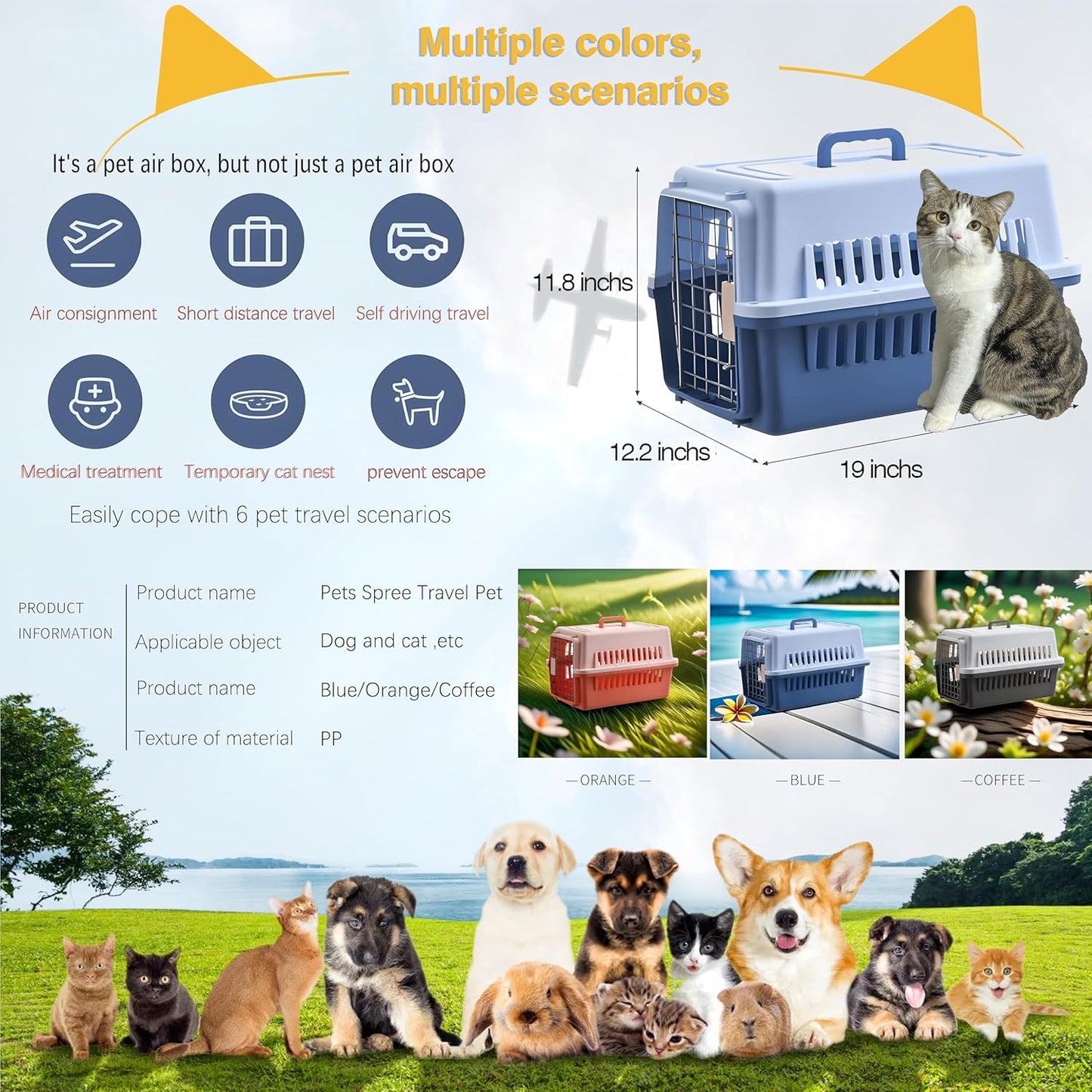 -Pets Spree Travel Pet Carrier Dog/Cat Hard-Sided Carriers for Pets up to 14 Pounds Small Animal Carrier Airline/Road Travel Approved Stout (Blue)