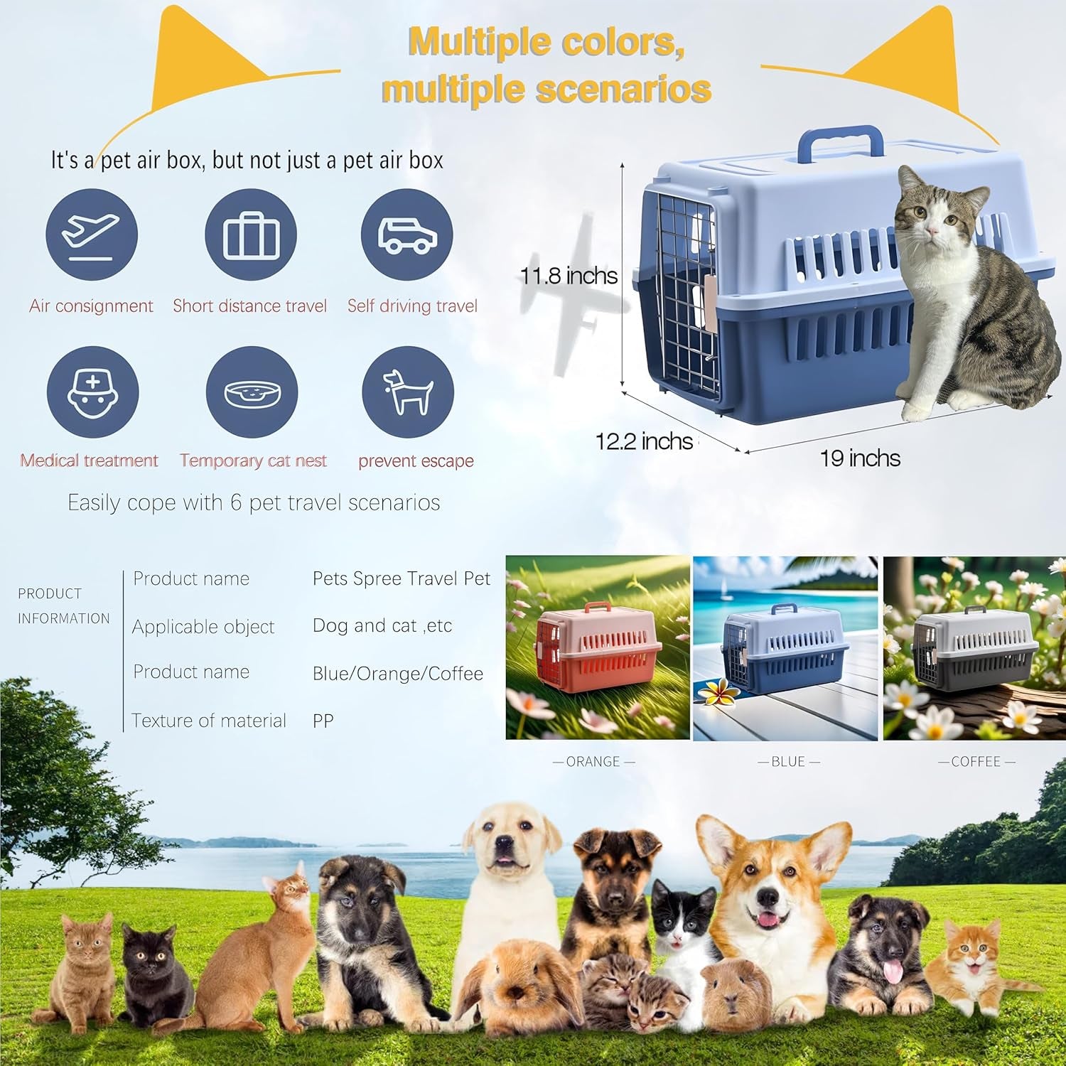 -Pets Spree Travel Pet Carrier Dog/Cat Hard-Sided Carriers for Pets up to 14 Pounds Small Animal Carrier Airline/Road Travel Approved Stout (Blue)