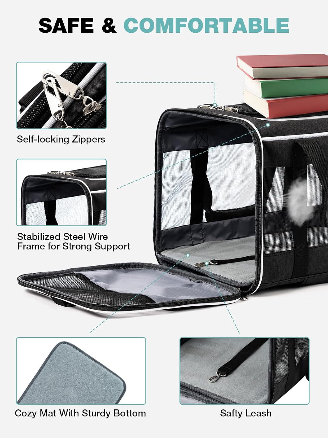 Cat Dog Carrier with Wheels Airline Approved Rolling Pet Carrier with Telescopic Handle, Shoulder Strap and Pet Bowl, Black