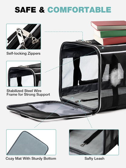 Cat Dog Carrier with Wheels Airline Approved Rolling Pet Carrier with Telescopic Handle, Shoulder Strap and Pet Bowl, Black