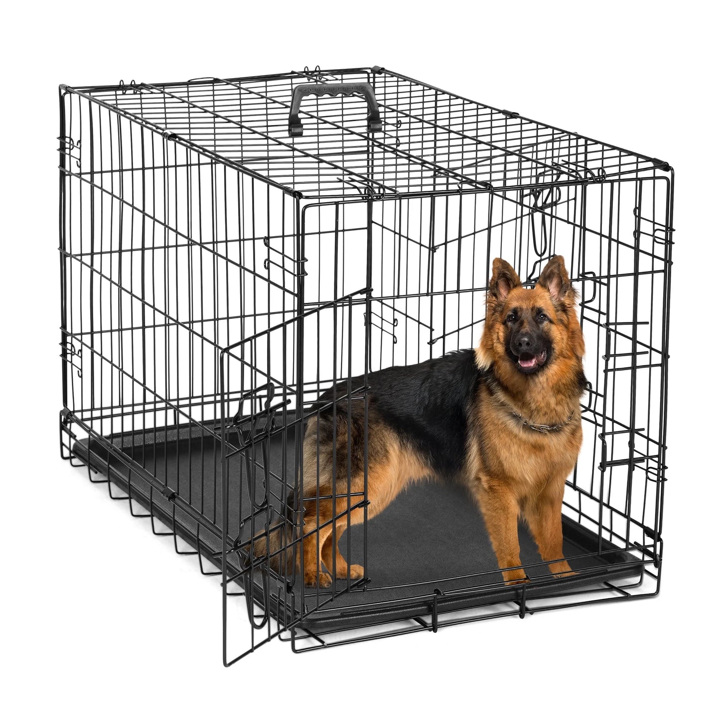 Small Dog Crate with Divider Panel, 24" Double Door Folding Metal Wire Dog Cage with Plastic Leak-Proof Pan Tray