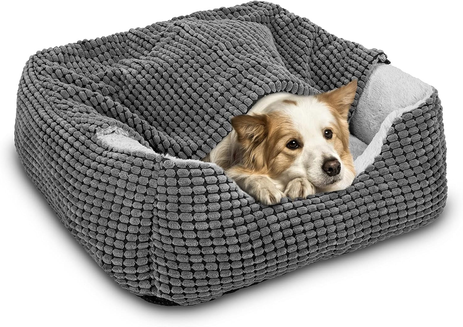 Dog Beds for Large Medium Small Dogs, Rectangle Cave Hooded Blanket Puppy Bed, Luxury Anti-Anxiety Orthopedic Cat Beds for Indoor Cats, Warmth and Machine Washable (20 Inches, Grey)