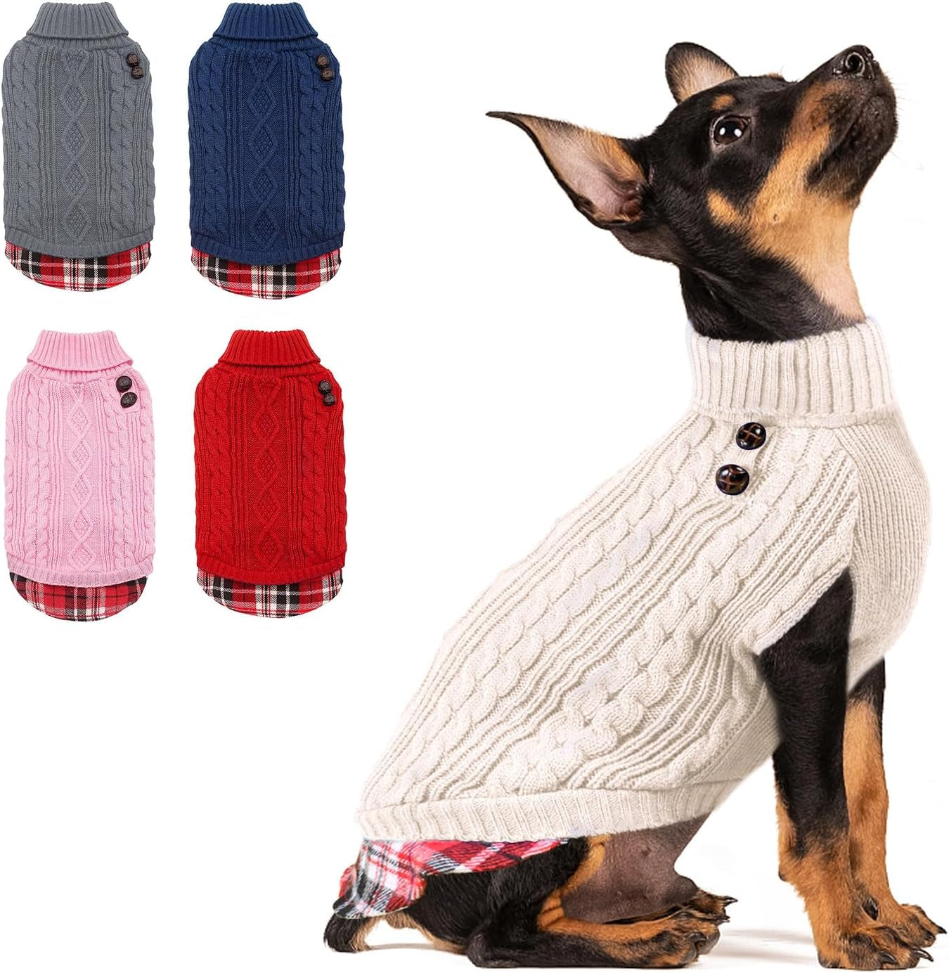 Dog Christmas Sweater Stretchy Pet Coat for Small Dogs Male Turtleneck Small Dog Sweater Red Puppy Clothes Knitwear Puppy Coats with Gingham Patchwork Pet Clothes for Fall Winter