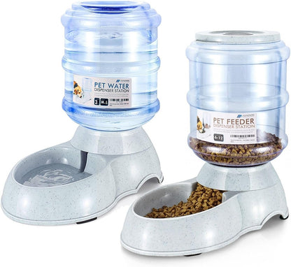 Automatic Pet Feeder & Waterer Set of 2 Pack, Self Feeding Replenish Dog Cat Bowls, Gravity Food & Water Storage Container Fountain Jug Pet Supplies Plastic Skid Proof Rubber Feet (3 Gallon)