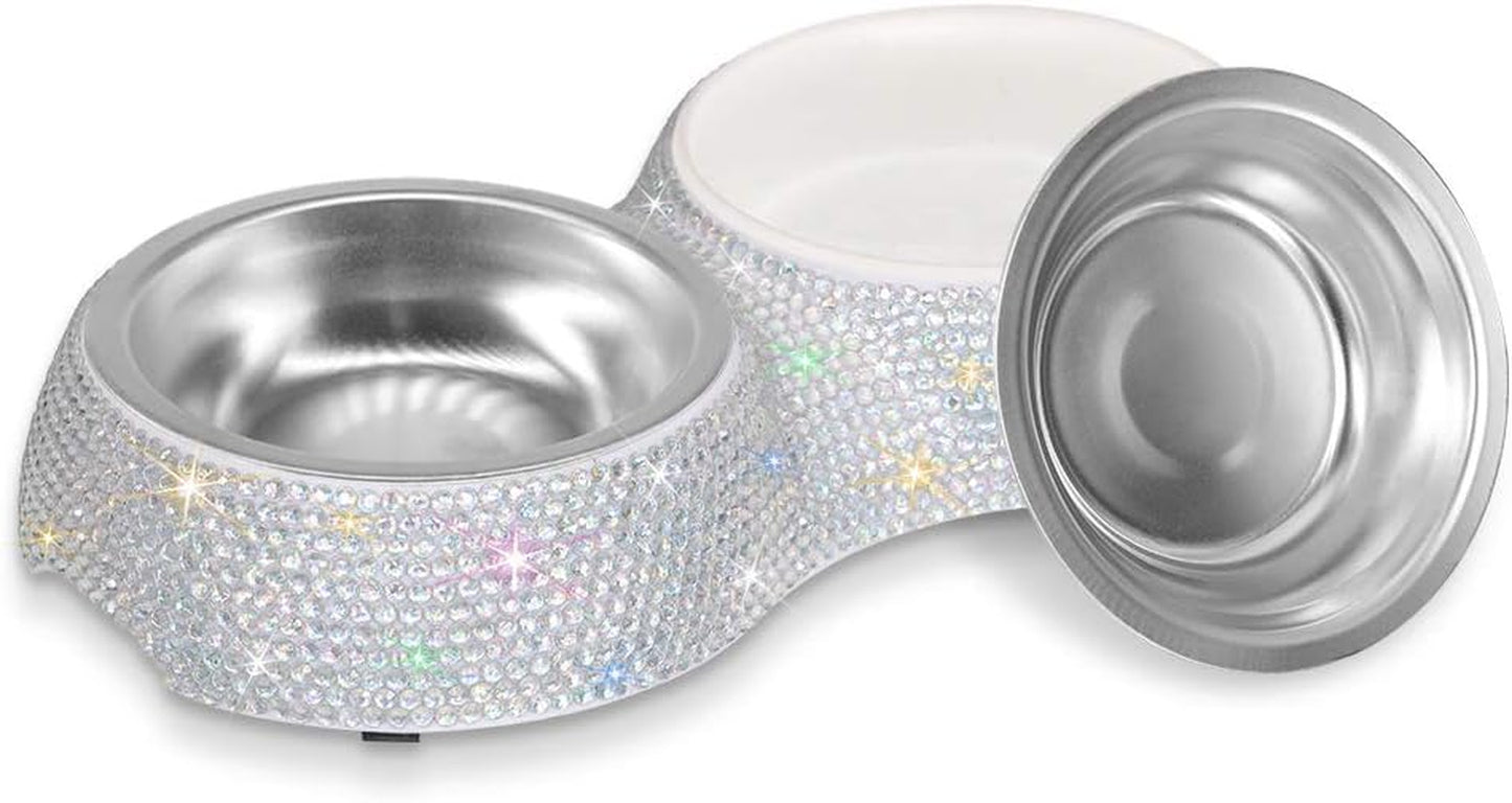 Bling Dog Bowls Pink, 640ML Handmade Bling Rhinestones Stainless Steel Pet Bowls Double Food Water Feeder for Puppy Cats Dogs - Set of 2