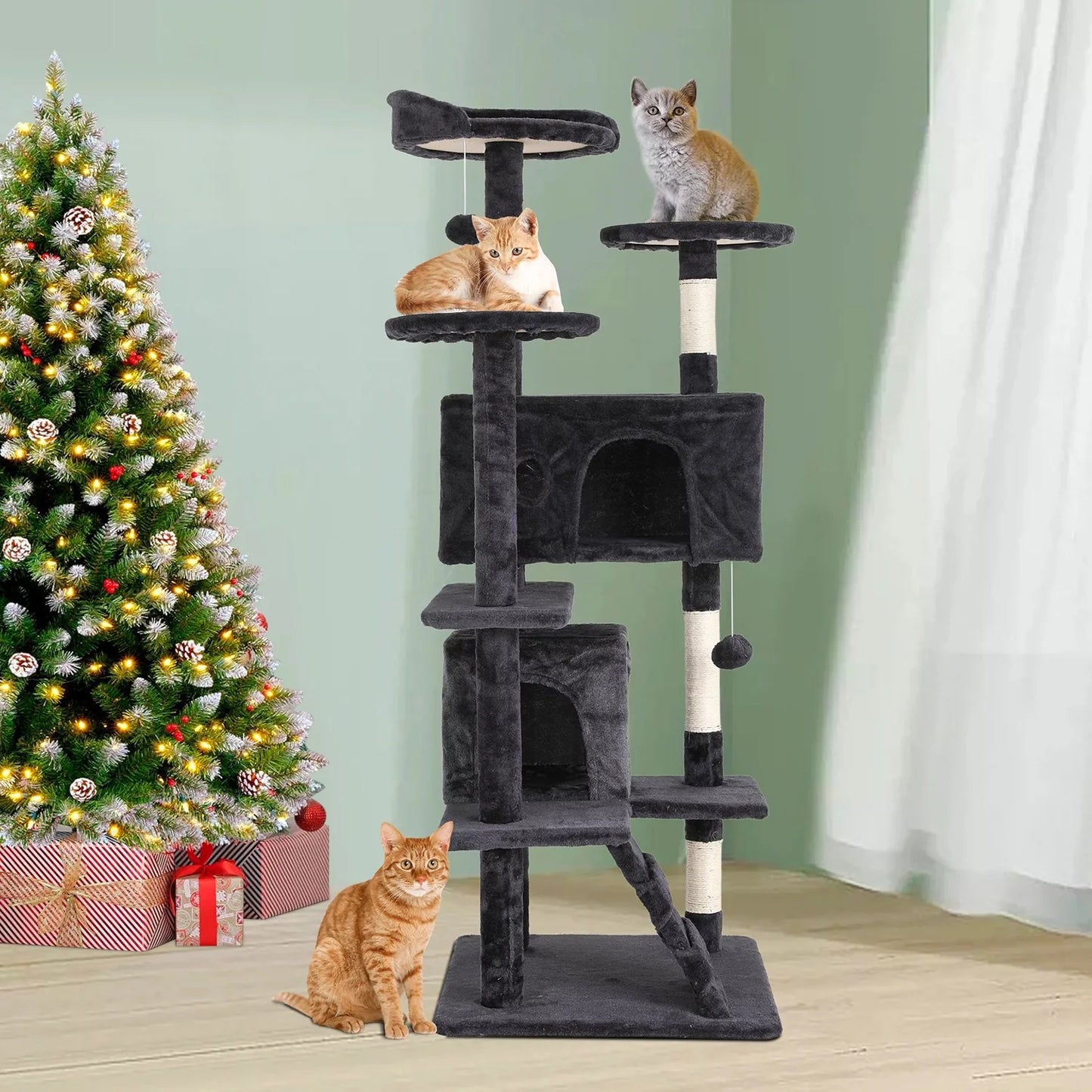 54-In Double Condo Cat Tree Tower Playhouse with Scratching Post & Perch for Indoor, Navy Blue