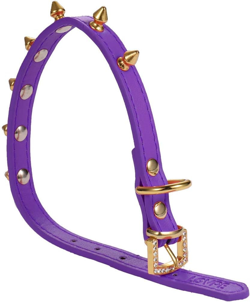 One Row Golden Spiked Studded Leather Dog Collar/Cat Collar with Golden Rhinestone Buckle for Small Dog/Cat Puppy Kitty (Purple, XS)