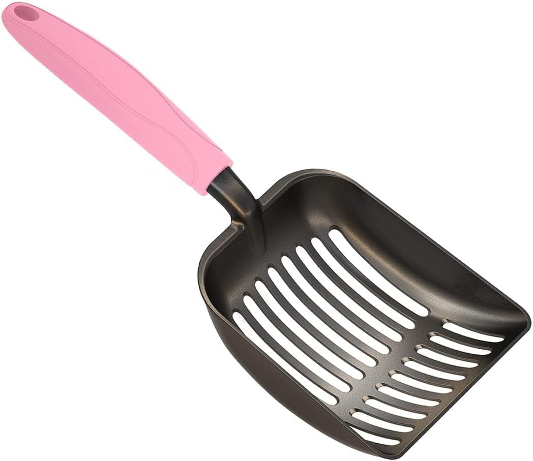 Cat Litter Scoop, Non-Stick Plated Aluminum Alloy Sifter, Kitty Durable Metal Scooper, Deep Shovel, Long Handle, Kitten Pooper Lifter, Size Large, Coated Black Body with Black Handle