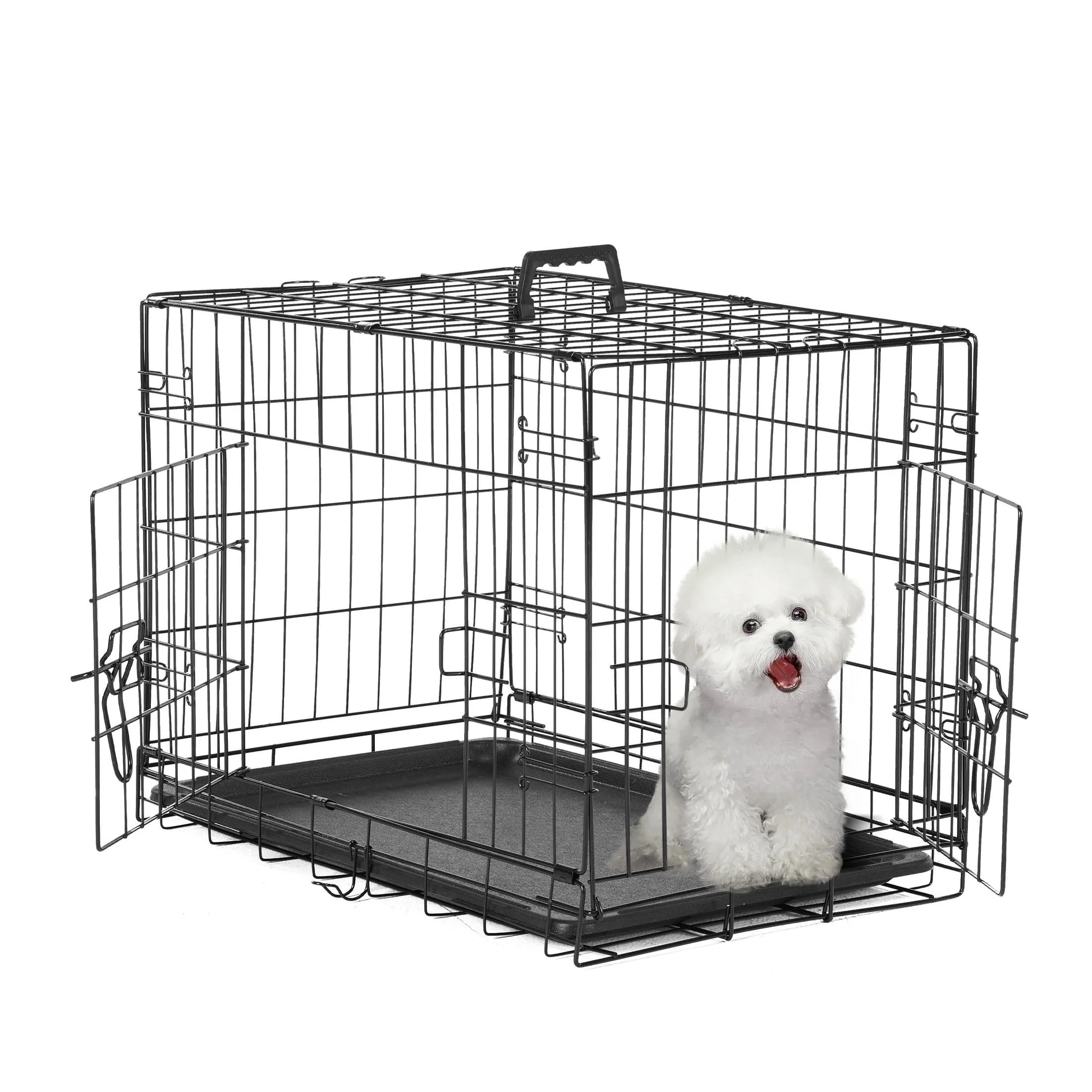 Small Dog Crate with Divider Panel, 24" Double Door Folding Metal Wire Dog Cage with Plastic Leak-Proof Pan Tray