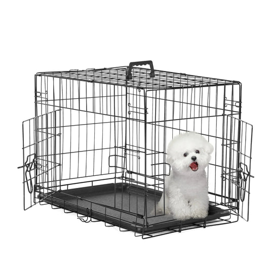 Small Dog Crate with Divider Panel, 24" Double Door Folding Metal Wire Dog Cage with Plastic Leak-Proof Pan Tray