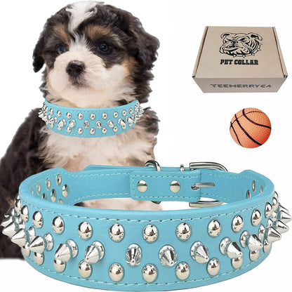 Adjustable Leather Spiked Studded Dog Collars with a Squeak Ball Gift for Small Medium Large Pets like Cats/Pit Bull/Bulldog/Pugs/Husky, Pink, L(15"-18.5")