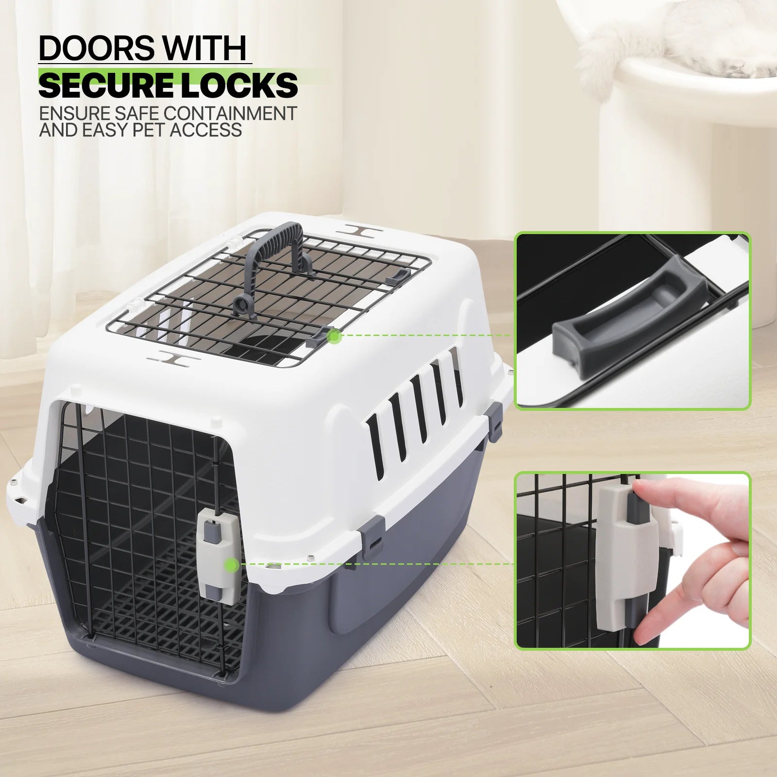 23" Pet Carrier Cage Portable Travel Transport Box, Hard Sided Dog Cat Kennel with Handle and 2 Doors, Airline Approved, White/Grey