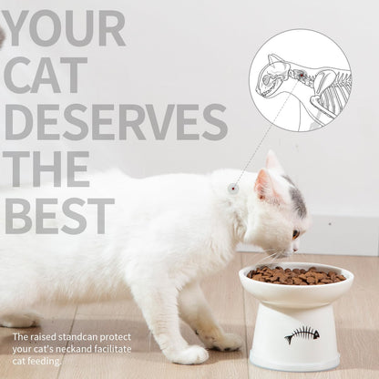Raised Cat Food and Water Bowl Set, Whisker Friendly Elevated Ceramic Cats Feeder Bowls with anti Slip Ring, Anti-Vomiting Shallow High Porcelain Pet Kitten Dish, Dishwasher Safe(White)