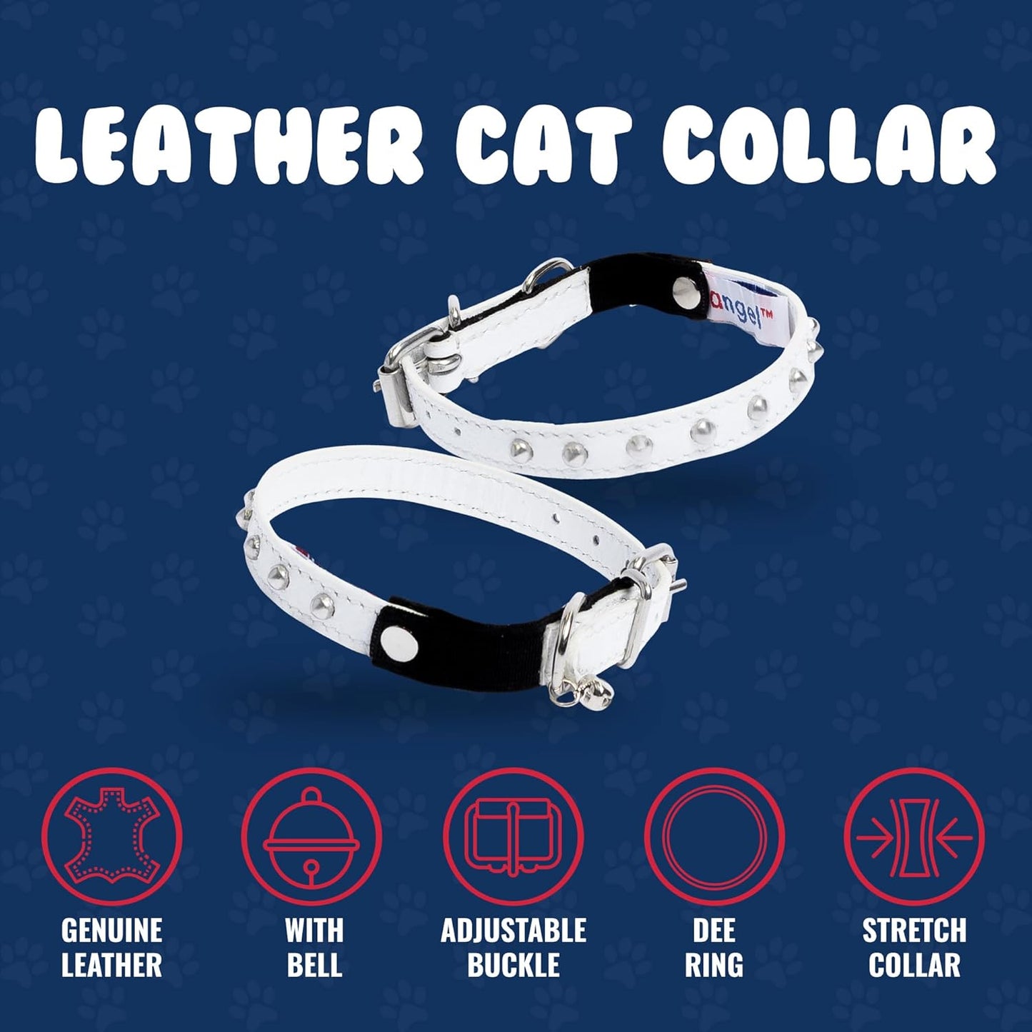 Studded Cat Collar, Genuine Leather Kitten Collar, Sturdy Breakaway Cat Collar with Bell and Elastic Stretch, Cat Accessories, Ivory White, 10 X 1/2 Inches -