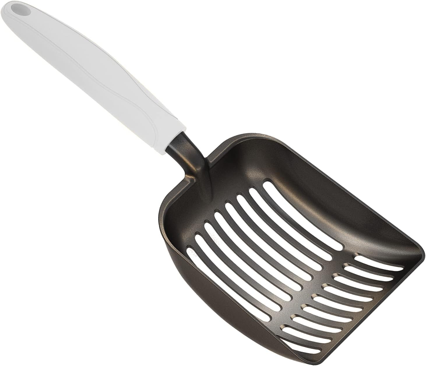 Cat Litter Scoop, Non-Stick Plated Aluminum Alloy Sifter, Kitty Durable Metal Scooper, Deep Shovel, Long Handle, Kitten Pooper Lifter, Size Large, Coated Black Body with Black Handle