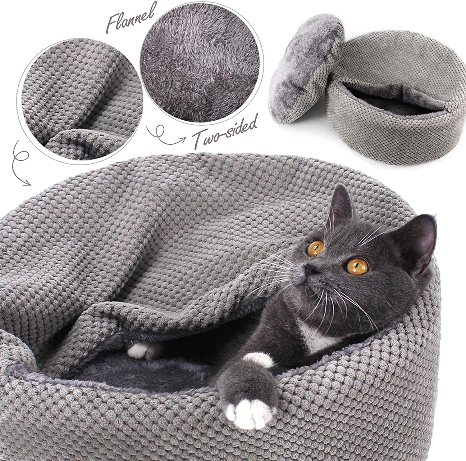Washable Cat Bed - round Soft, Cozy & Warming for Indoor Cats. Calming Kitten Pet Bed. Small Pet Covered Cat Cave Beds (Gray,12.59 X 12.59 X 5.91 In)