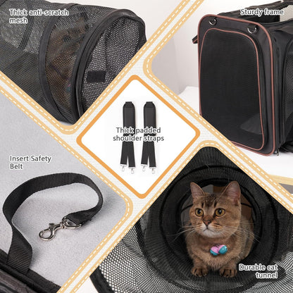 Cat Travel Carrier with Litter Box for Car, Expandable Cat Carrier with Pop Out Tunnel, Cat Carrier for Car Travel Long Distance, up to 20 Lb to Road Trip, Camping, Black