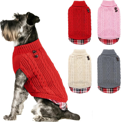 Dog Christmas Sweater Stretchy Pet Coat for Small Dogs Male Turtleneck Small Dog Sweater Red Puppy Clothes Knitwear Puppy Coats with Gingham Patchwork Pet Clothes for Fall Winter