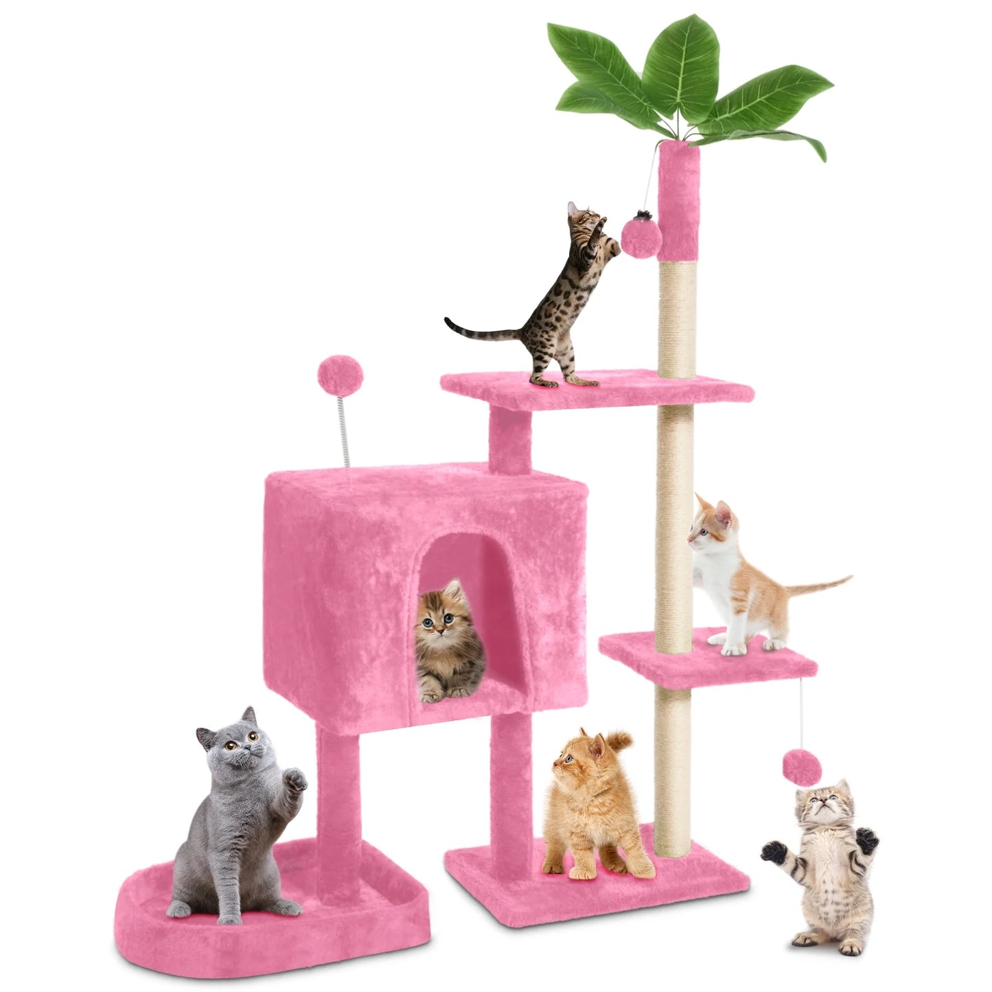 31.5" Cat Tree Cat Tower for Indoor Cats with Green Leaves, Cat Condo Cozy Plush Cat House with Hang Ball and Leaf Shape Design, Cat Furniture Pet House with Cat Scratching Posts, Green