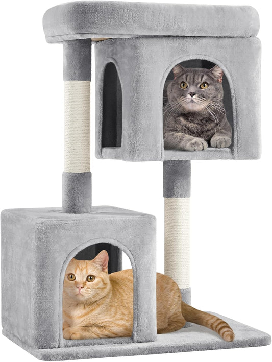 33.5In Cat Tree Tower for Indoor Cats W/2 Cozy Plush Condos, Oversized Perch & Sisal Scratching Posts, Stable Cat Stand House for Large Cats & Pets, Light Gray