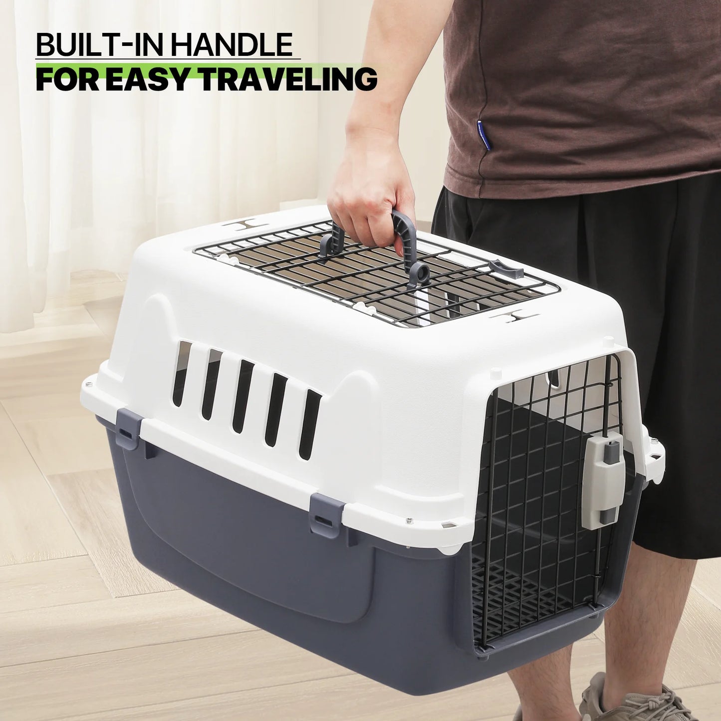 23" Pet Carrier Cage Portable Travel Transport Box, Hard Sided Dog Cat Kennel with Handle and 2 Doors, Airline Approved, White/Grey