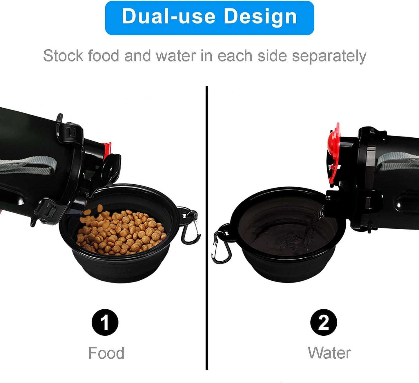 Dog Travel Water Bottle Collapsible Bowls, 2 in 1 Pet Food Container with Collapse Bowls, Outdoor Portable Water Bowls for Walking, Traveling, Camping and Hiking (Black)